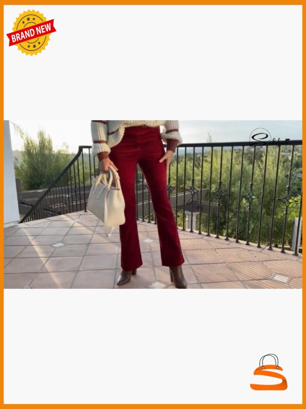 Corduroy Flare Pants Elastic Waist Bell Bottom Trousers Fall - Picture 6 of 7